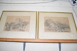 Pair of studies, village street scene and a water mill, charcoal bearing monogram J W, framed and