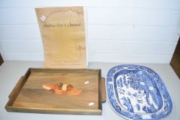 Inlaid hardwood serving tray together with a folder of Prince of Madras and a Willow pattern meat