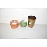 Mixed Lot: Small Chinese cloisonne enamel covered box, carved hardwood box and a brass beaker