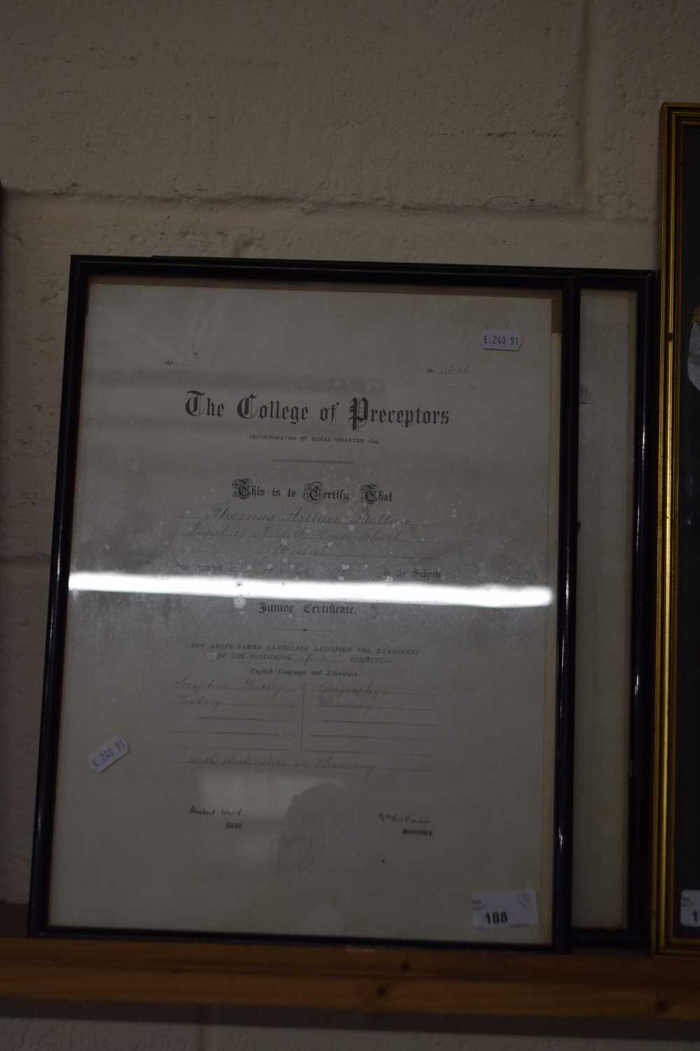 The College of Preceptors - Two framed certificates