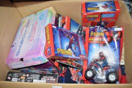 Box of various Spiderman toys and others