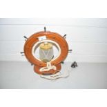 Novelty ships wheel table lamp marked with plaque 'Best Wishes from Cromer and District Sea