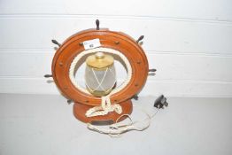 Novelty ships wheel table lamp marked with plaque 'Best Wishes from Cromer and District Sea