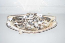 Silver plated bowl containing a range of various crested collectors spoons