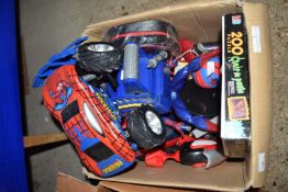 Box of Spiderman related items to include truck, various figures etc