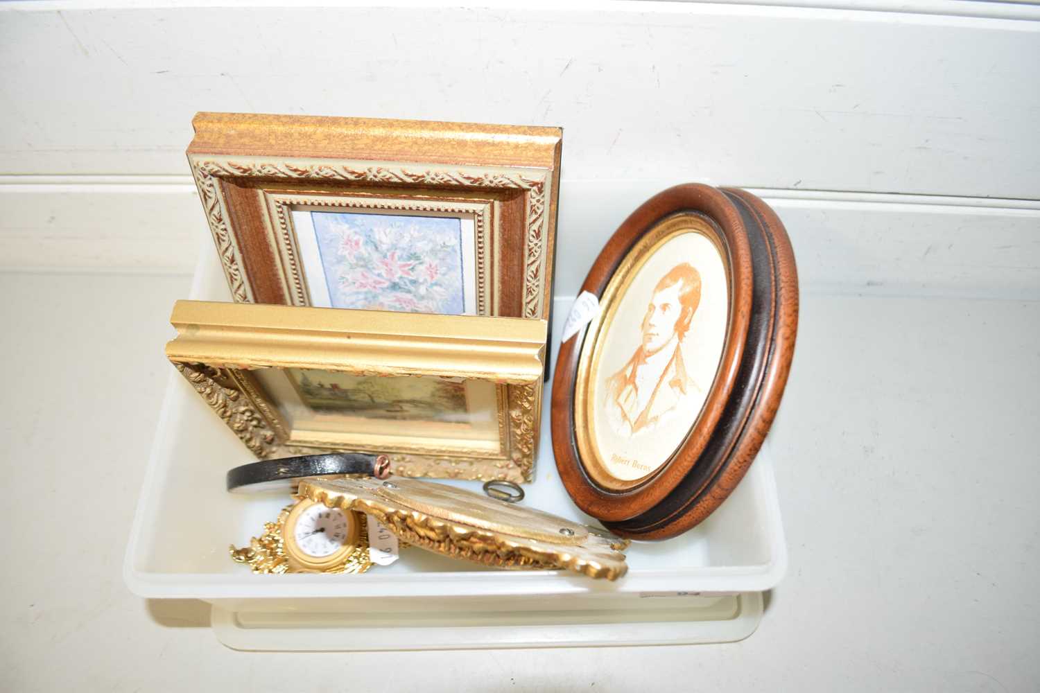 Mixed Lot: Various framed miniature pictures, reproduction miniature clock etc