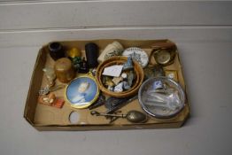 Tray of mixed items to include Wade Whimsies, anchovy paste pot lid, tea infuser and other