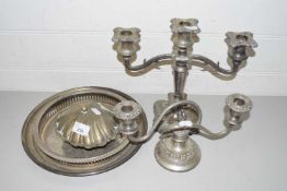 Mixed Lot: Silver plated candlesticks, serving trays and other items