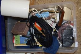 Box of various mixed items to include ceramic base table lamp, various audio cables and other