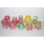 Collection of various cranberry and other coloured glass light shades