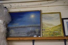 Mixed Lot: Oil on board study, moonlit river together with a further study of hill walking