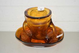 Mid Century Amber Art glass double handled vase and similar bowl