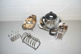 Mixed Lot: Silver plated sauce boat plus toast rack, coffee percolators etc