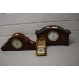 Two early 20th Century hardwood cased mantel clocks together with a further travel clock (3)