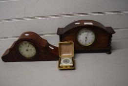 Two early 20th Century hardwood cased mantel clocks together with a further travel clock (3)