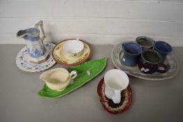 Mixed Lot: Various assorted ceramics to include leaf formed dishes, various pottery mugs, meat plate