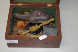 Small mahogany box containing various assorted coinage, pewter box, tobacco pipe etc