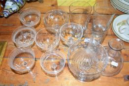 Collection of clear glass wares to include champagne bowls, finger bowl, glass funnel etc
