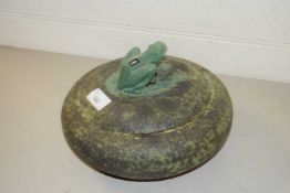 Covered pottery bowl with frog shaped handle