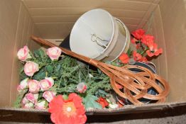 Box of various assorted fake flowers