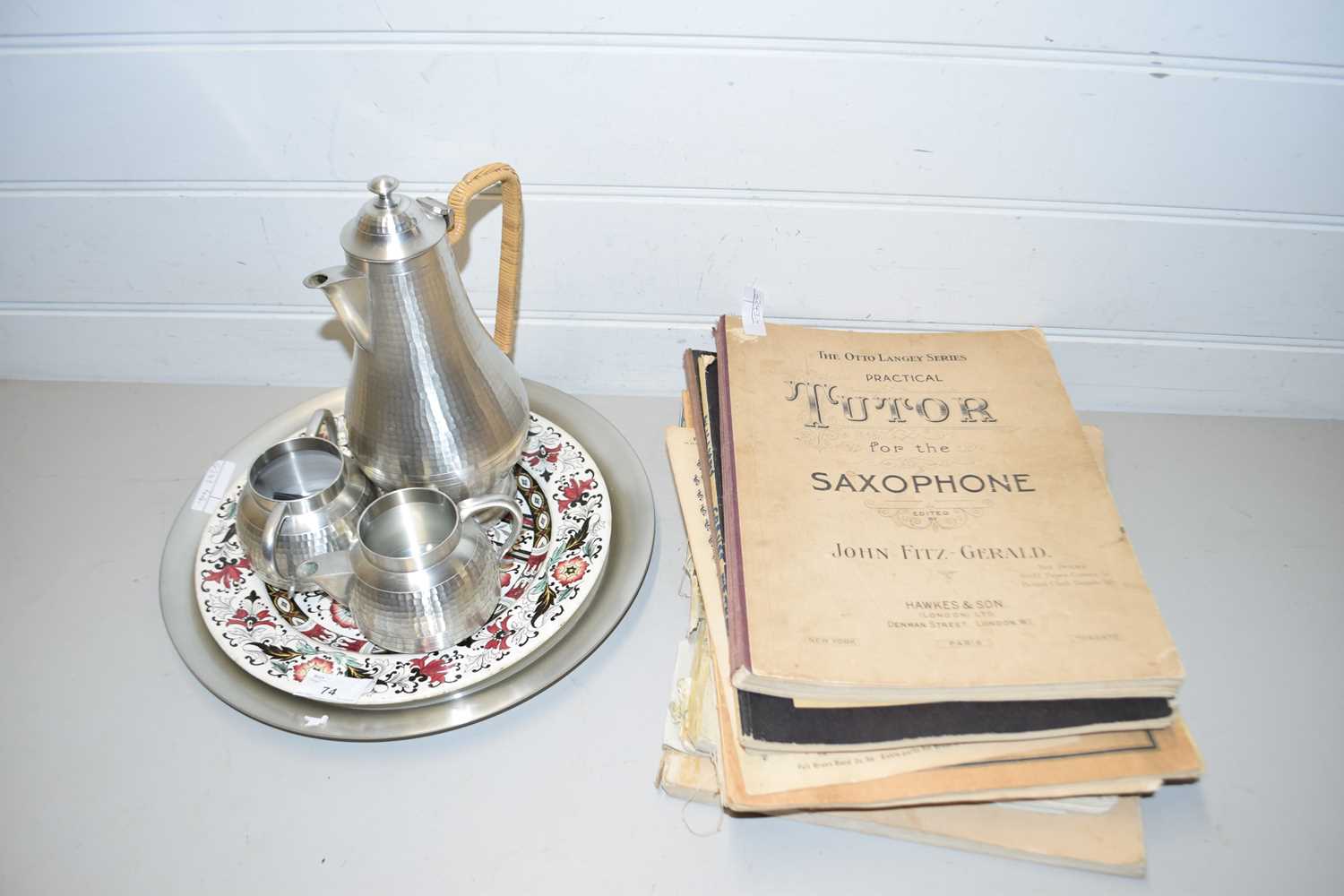 Mixed Lot comprising a Selangor pewter coffee set with tray, a further floral decorated plate and