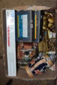 Box of various assorted household items to include long arm stapler, brass horse and cart etc