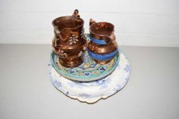 Two Victorian copper lustre jugs together with further blue and white plate and a further bowl (4)