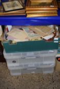 A box of various assorted ephemera together with two further plastic storage boxes