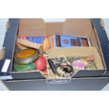 Box of various assorted mixed items, costume jewellery, vintage maps etc