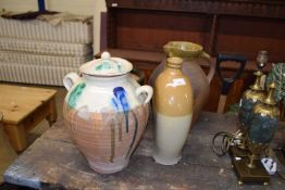 Mixed Lot: Large pottery jug, continental glazed storage jar, a jardiniere and a flat sided spirit