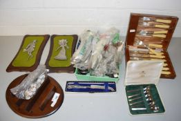 Mixed Lot: Various assorted cased and loose cutlery, metal Italian wall plaques, collection of