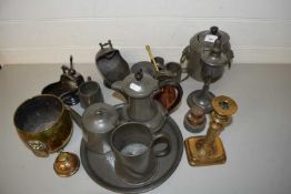Mixed Lot: Pewter, brass and copper wares including tea set and oil lamp