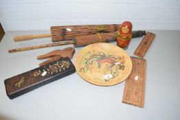 Mixed Lot: Vintage parasols, cribbage board, Russian dolls, nutcrackers, laquered box etc