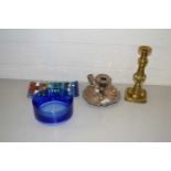 Mixed Lot: Silver plated chamber stick, brass candlestick, Art Glass plaque and a blue glass bowl