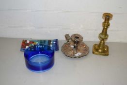 Mixed Lot: Silver plated chamber stick, brass candlestick, Art Glass plaque and a blue glass bowl