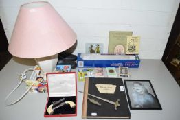 Mixed Lot: Table lamp, small wellington boots, various playing cards, dried flowers etc