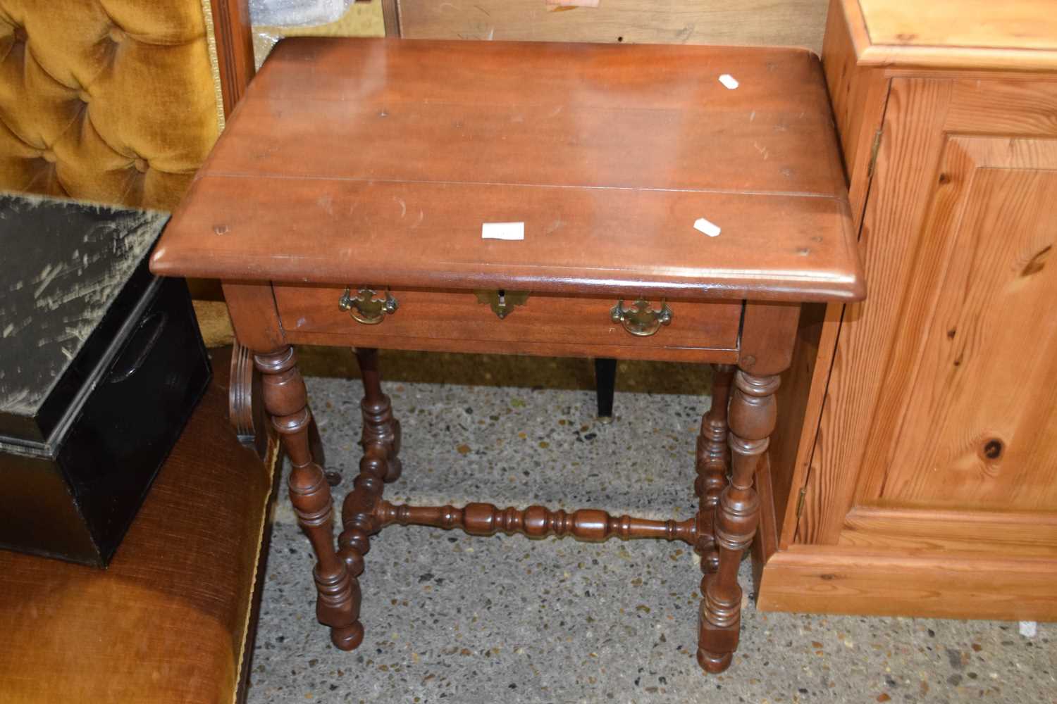 Reproduction 18th Century style hardwood single drawer side table on turned legs