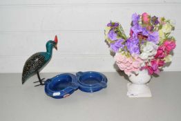 Mixed Lot: A vase of artificial Sweetpea flowers together with two ashtrays and a further bird