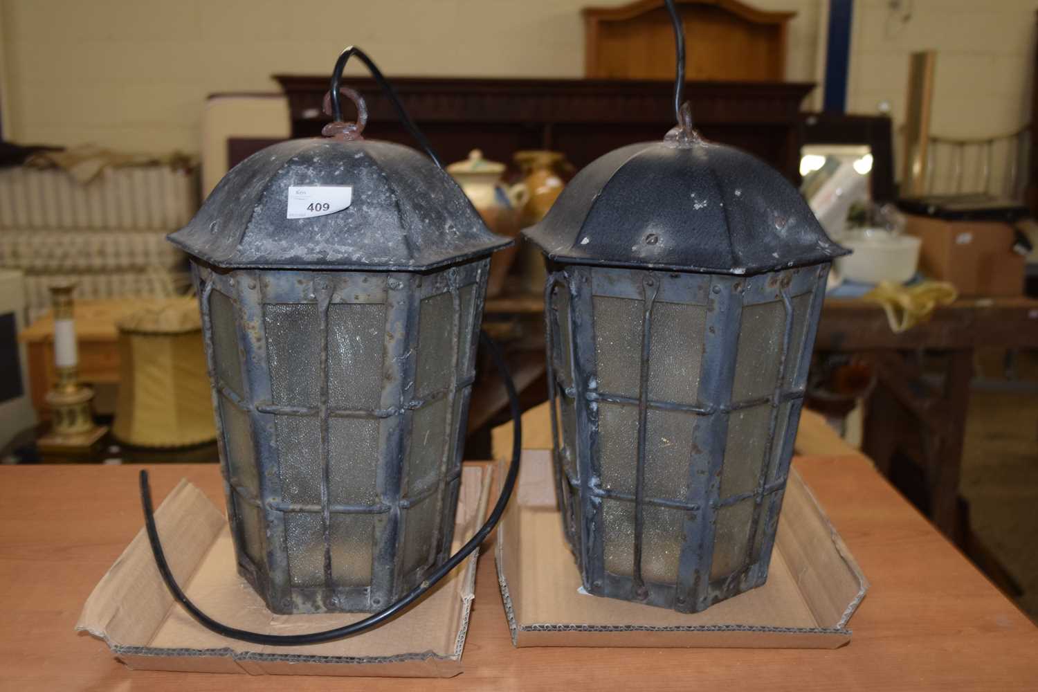 Pair of modern metal and frosted glass exterior lanterns
