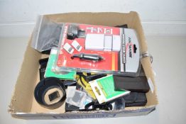 Box of binoculars, assorted camera accessories, batteries etc