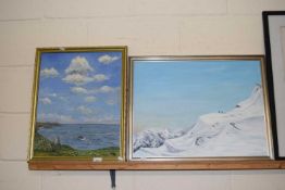 Contemporary school, two oil on board studies, coastal scene and skiers on a mountainside