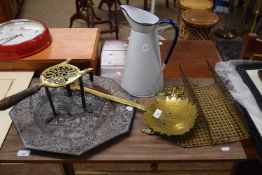 Mixed Lot: White enamel jug, brass trivet, copper wall plaque and other items