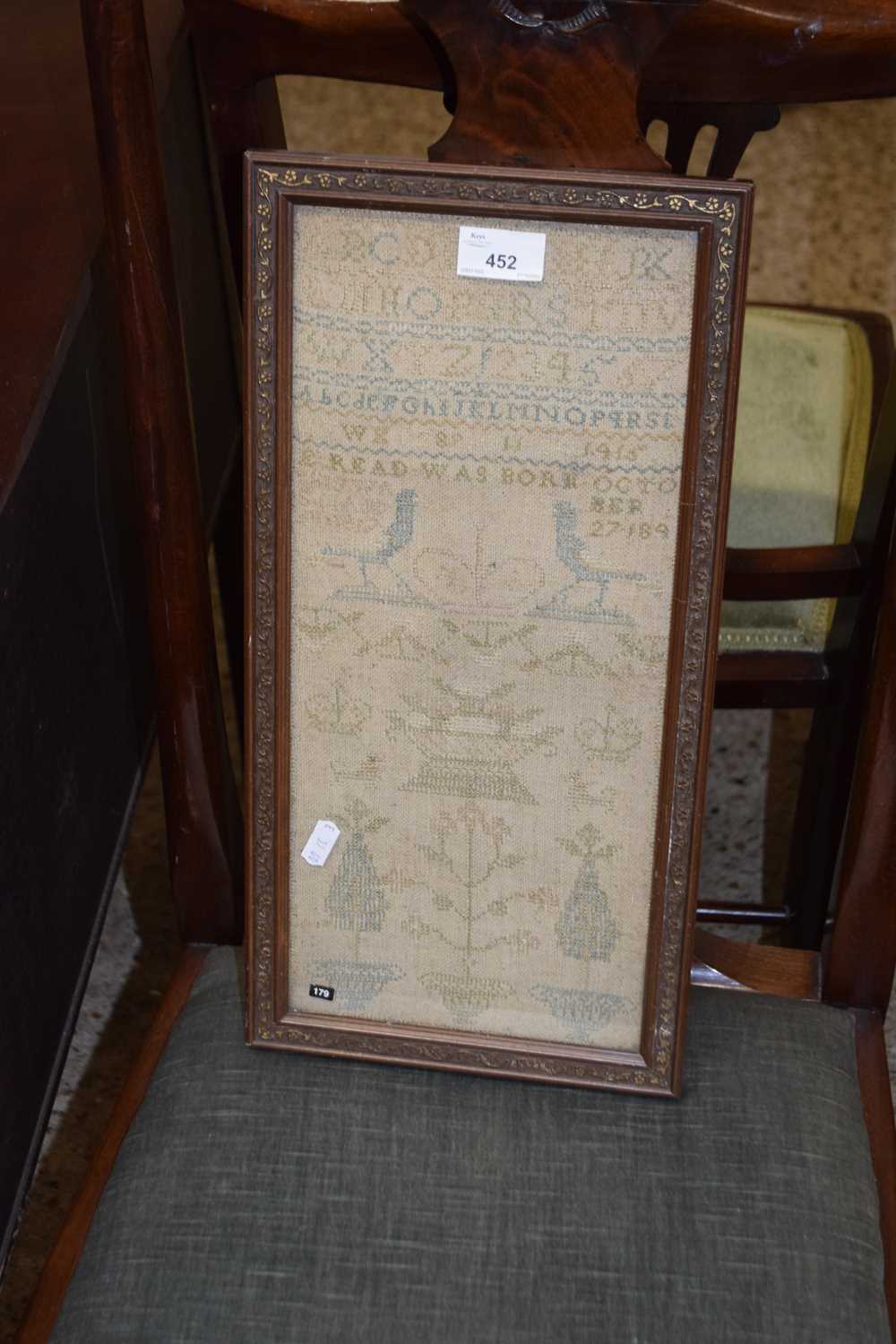 Small 19th Century sampler signed E Reed date faded, framed and glazed