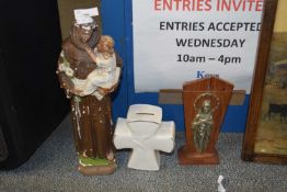 Plasterwork model of a Monk together with a money box and a modern religious icon(3)