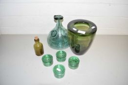 Heavy green Art Glass vase plus further green glass decanter and other items