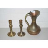 Pair of brass candlesticks and a copper jug