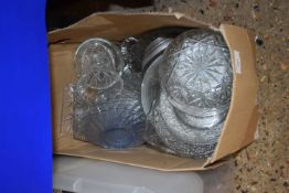 One box of various assorted pressed glass dishes