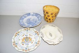 Mixed Lot: A pierced cream ware dish (a/f) together with a jardiniere and decorated plates