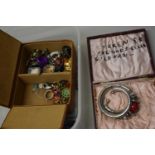 Box of various costume jewellery, button hooks etc