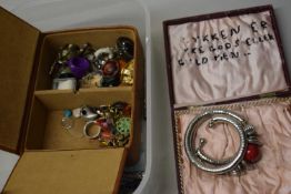 Box of various costume jewellery, button hooks etc